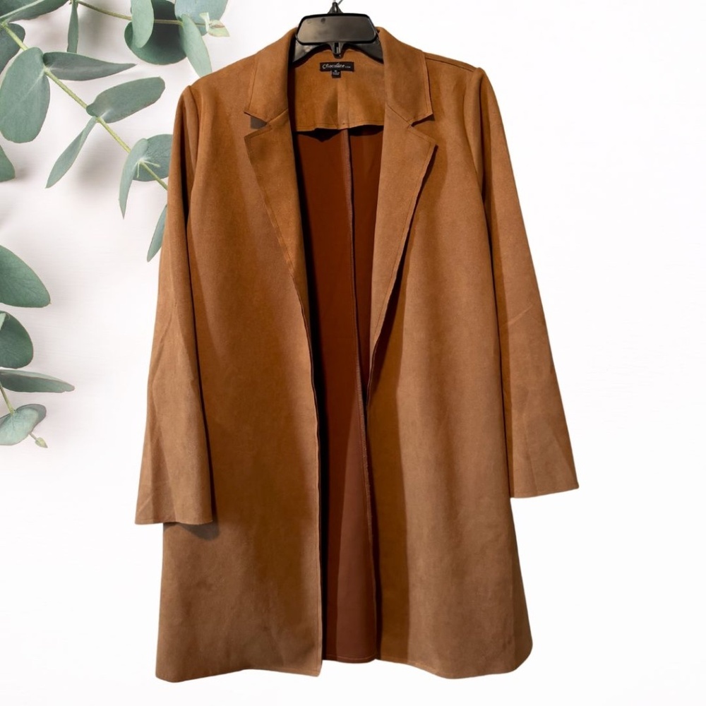 Chic Caramel Suede-Feel Open Front Jacket - Size Medium!